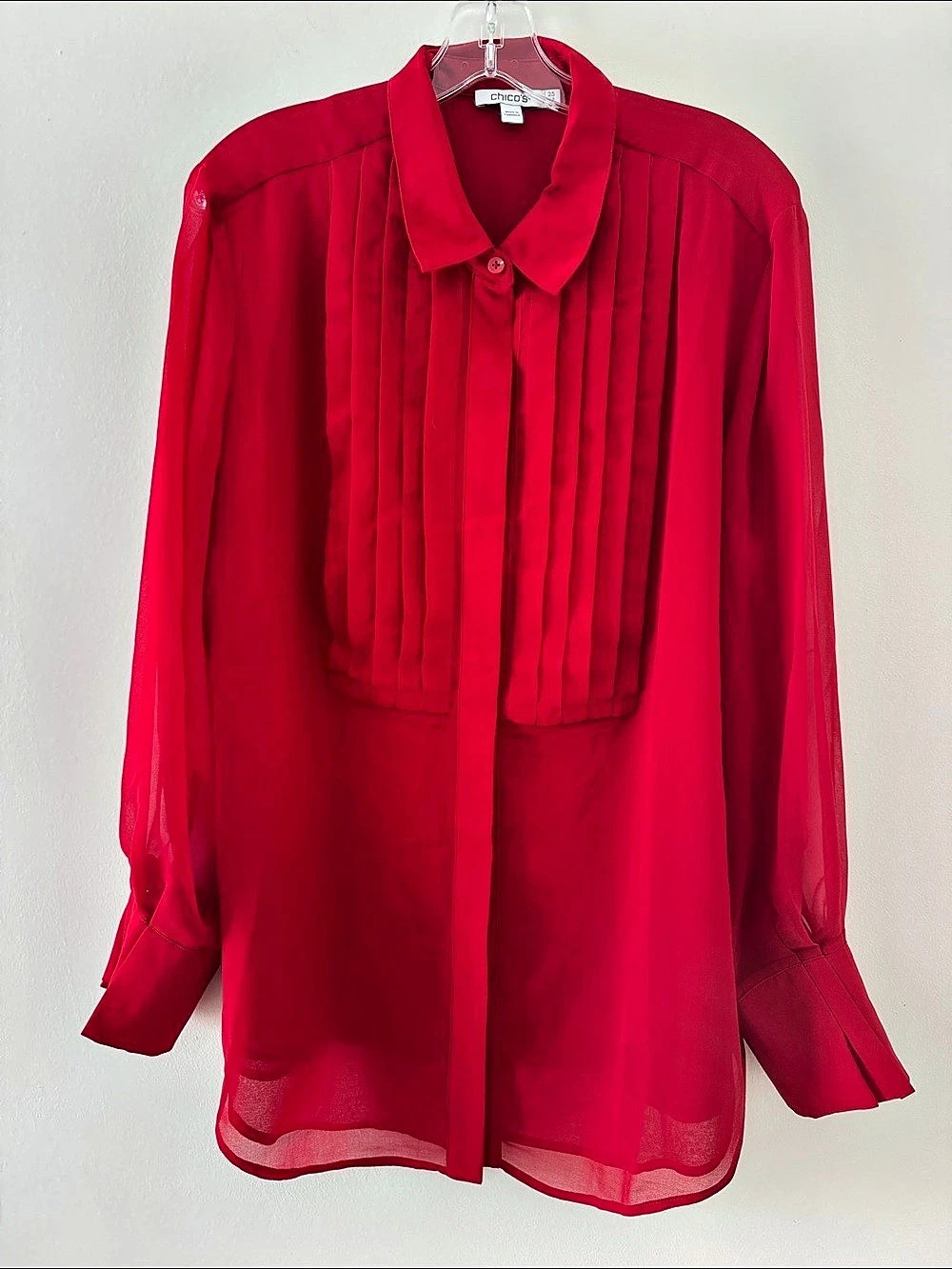 Chico's Pleated Sheer Blouse in Red Size Medium